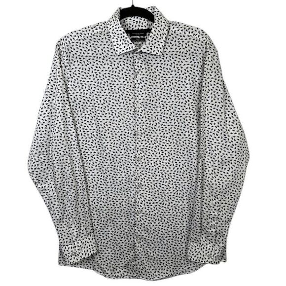 Kenneth Cole Stretch Slim Fit Dress Shirt White W/Blue Gray Abstract Size Medium - Picture 1 of 10